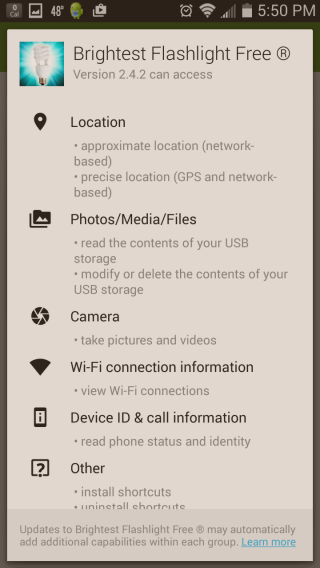 Brightest Flashlight Free App Permissions