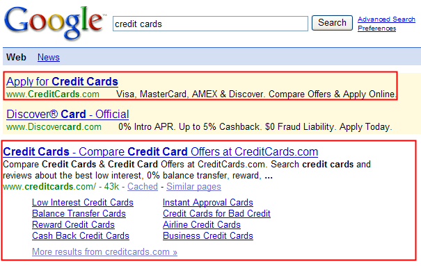 Credit Cards Google Sitelinks.