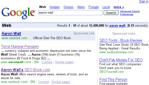 Google search results for Aaron Wall.