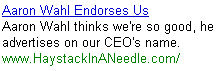 Haystack in a Needle runs ads with my name spelled incorrectly.