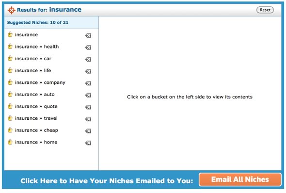 Keyword Niche FInder Insurance Results