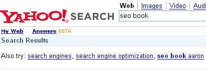 Yahoo! See Also result for SEO Book.