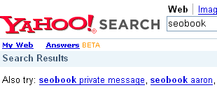 Yahoo! See Also result for seobook.