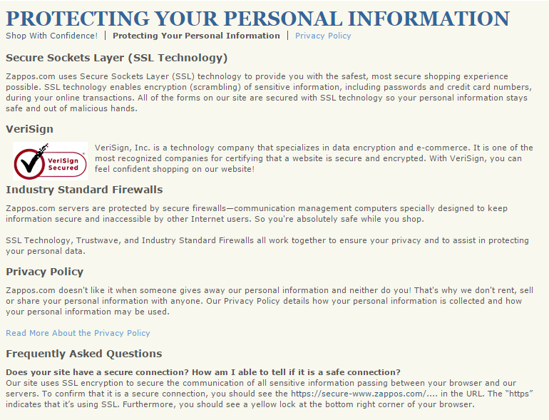 Zappos Privacy Policy Page